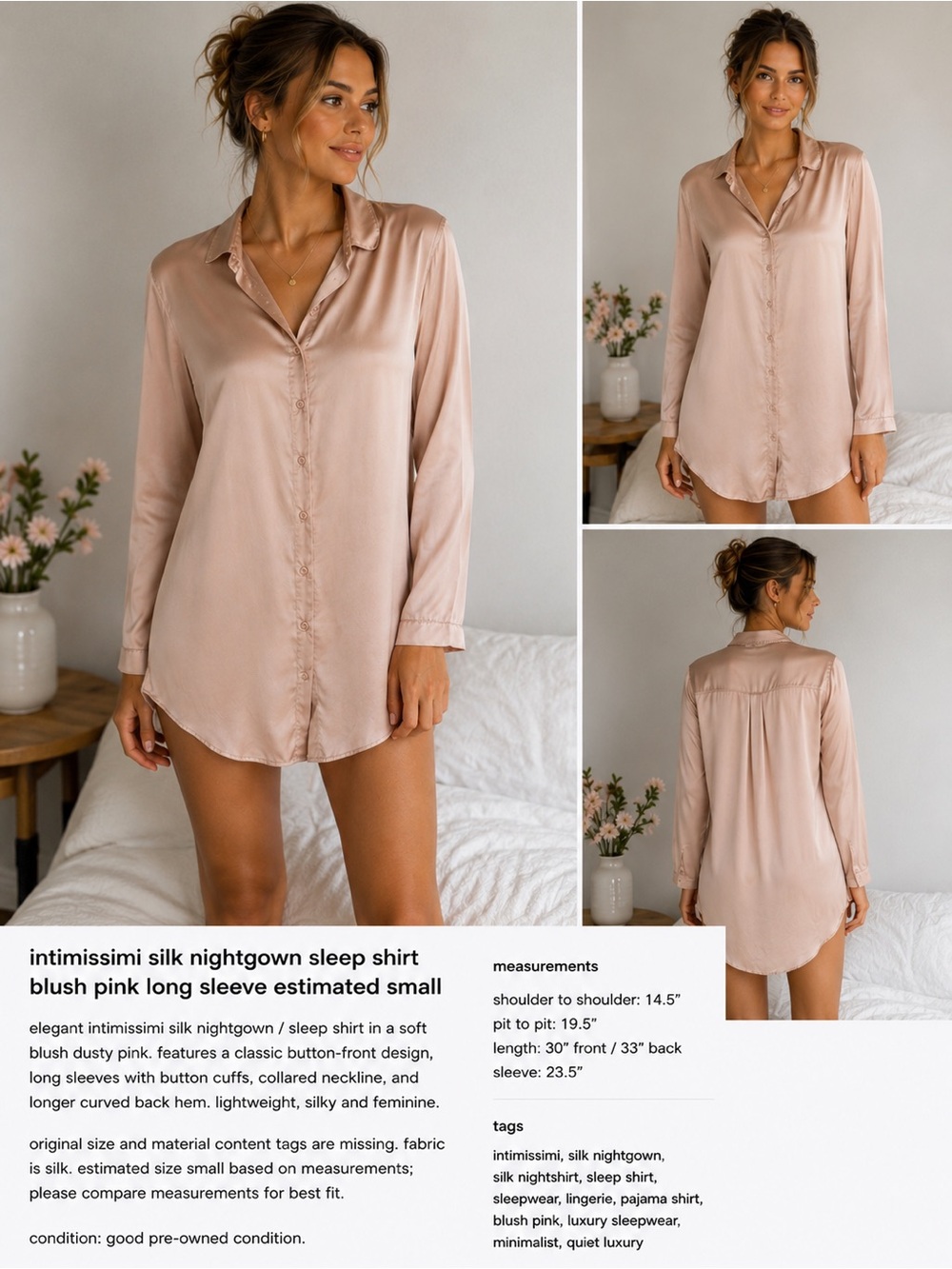 Intimissimi Silk Nightgown Sleep Shirt Blush Pink Long Sleeve Estimated Small